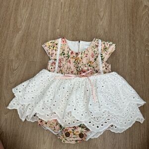 Pink Floral Baby Dress with White Eyelet Skirt